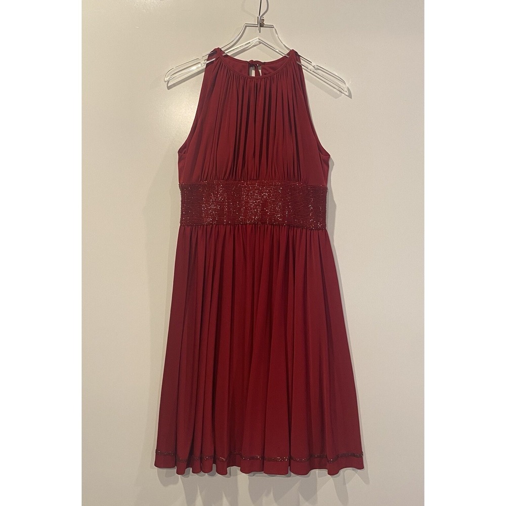 JS Boutique Red Beaded Halter Neck Cocktail Dress Size 10 Wine Pleated 256755